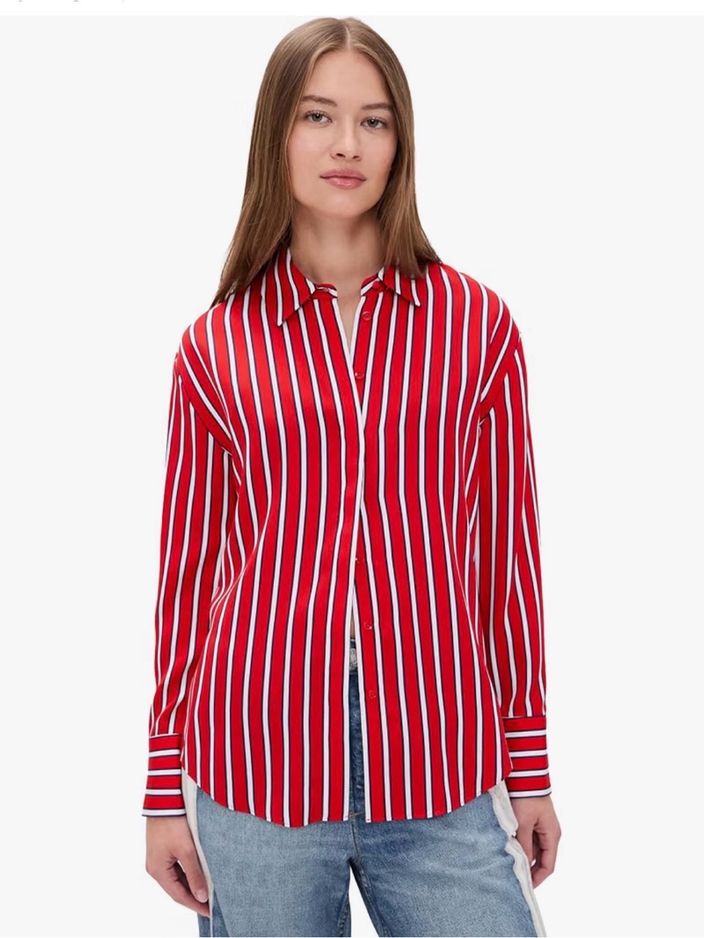 Alice + Olivia Red, White & Black Vertical Stripe Button-Down Blouse